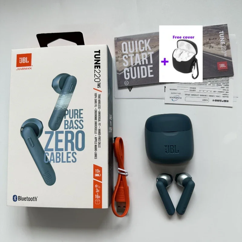 100% Original JBL Tune 220TWS Bluetooth écouteurs sans fil écouteurs avec micro stéréo JBL T220 TWS casque de sport avec couverture gratuite: Bleu