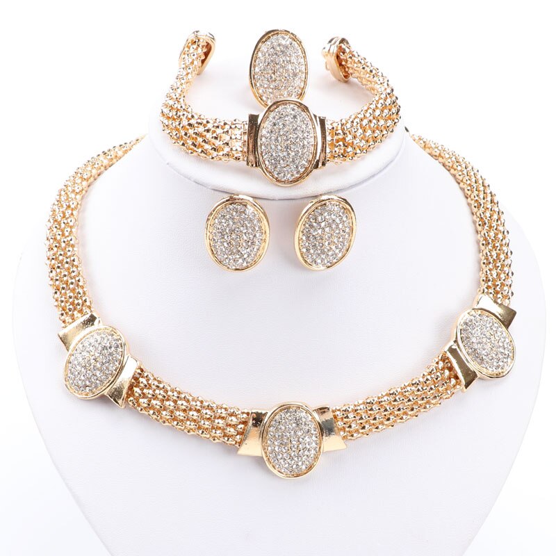 African Costume Jewelry Sets Women Gold Color Beads Rhinestone Oval Shape Necklace Set Dubai Nigerian Wedding Accessories