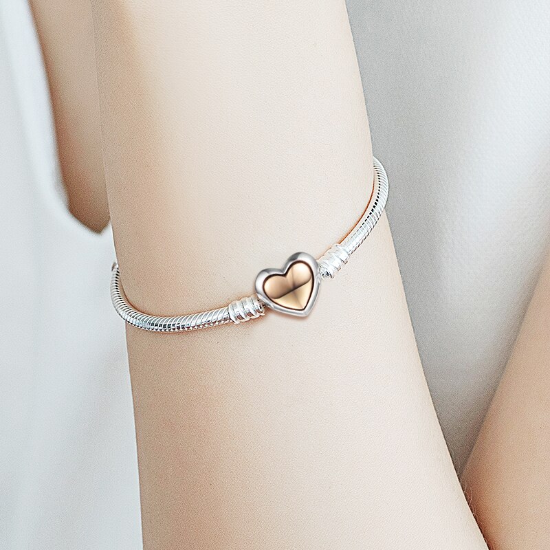 14K Real Gold Golden Heart Clasp Snake Chain Bracelet Silver 925 Bracelets for Women DIY Charms Jewelry Making Pulseras Newest