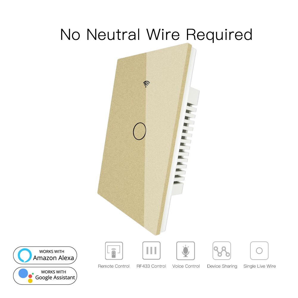 RF433 WiFi Smart Wall Touch Switch No Neutral Wire Needed Smart Single Wire Wall Switch Work with Alexa Google Home 170-250V: 1 Gang Gold