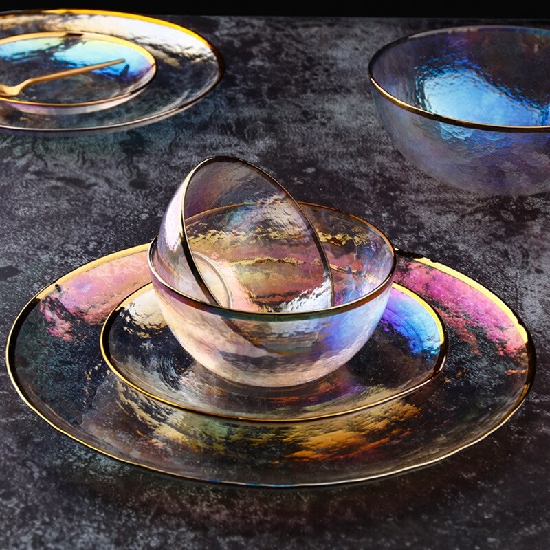 Creatieve Japanse Stijl Regenboog Ion Gehamerd Glas Plaat Set Westerse Salade Fruitschaal YHJ022701
