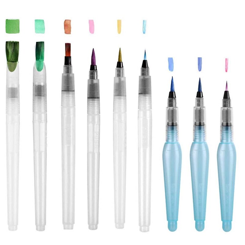 Water Brush Pen Set,9 Pcs Water Tank Borstel, Water Borstel Pen Met Water Tank, aquarel Water Pennen Voor Aquarel
