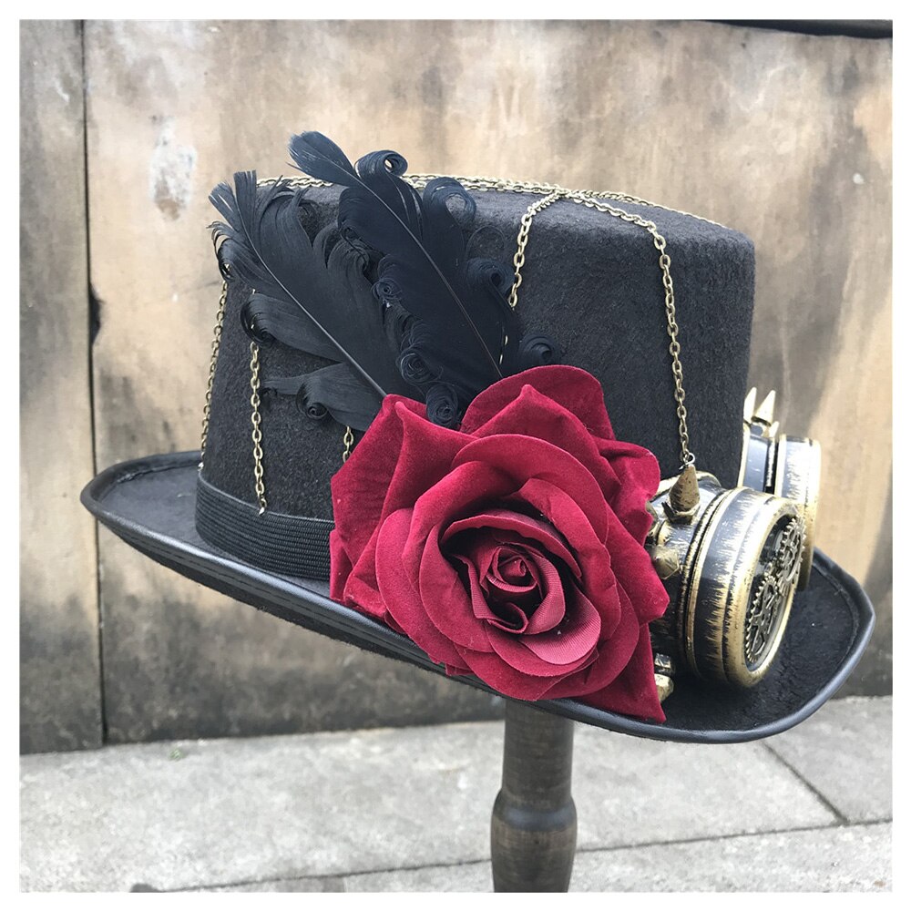 Sombrero Steampunk con tapa hecho a mano para mujer, sombrero redondo mágico con gafas de engranaje y flores para escenario, sombrero de boda, talla 57CM, Sombrero estilo Steampunk
