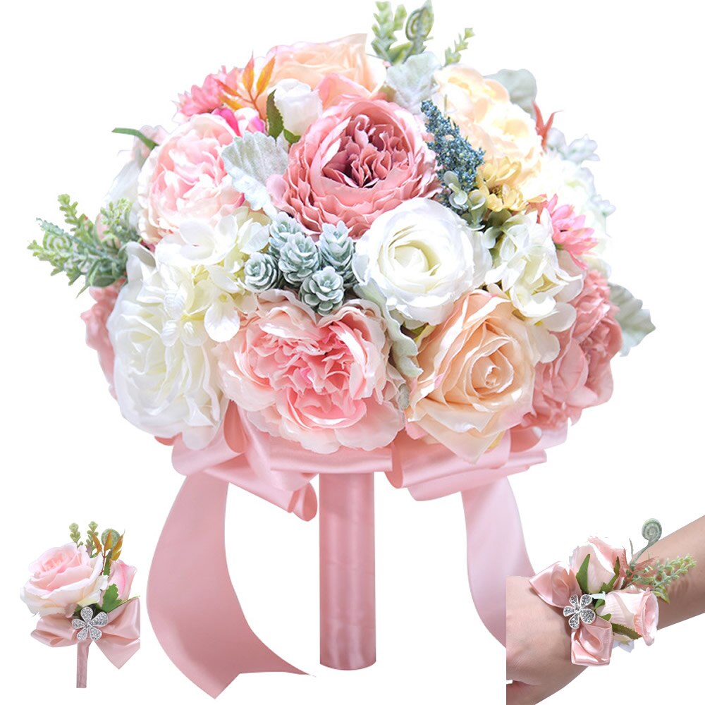 Wedding Bouquet Ivory and Blush Pink Toon purple Peony Wedding flower Silk Bridal bouquet buque de noiva Wedding Decoration: 3Pcs SET Pink