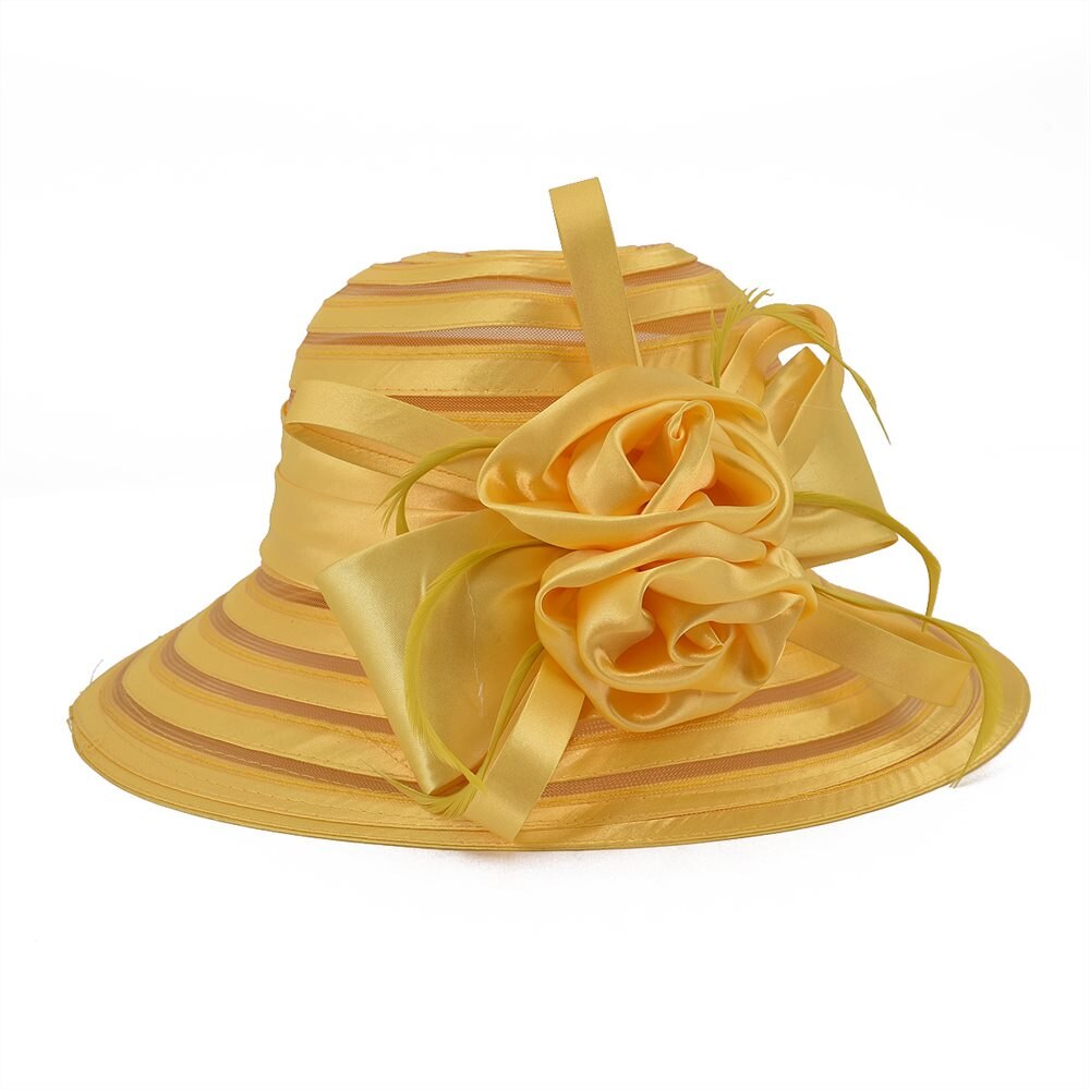 VOBOOM Organza été chapeau femmes vert large bord Protection solaire mariage église mer plage chapeaux rayure dames chapeau arc fleur 001: YELLOW