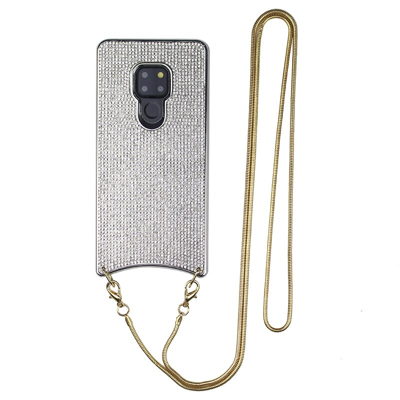 Capa de brilho com strass, capa de silicone macio tpu com glitter para huawei mate20 p30 pro, bolsa de corrente de diamante para samsung s10 plus capa de cobertura: S10 / Silver With Chain