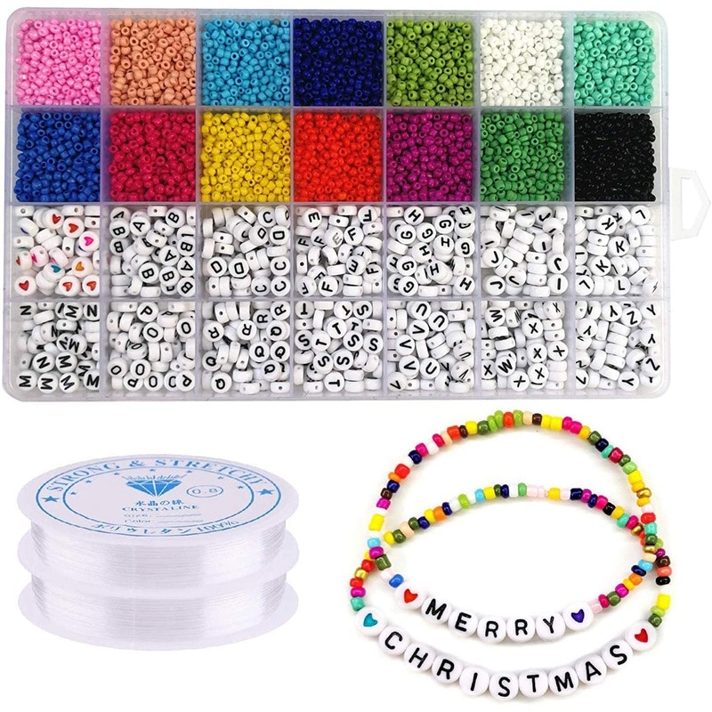 Kit de cuentas de 5000 uds, cuentas de semilla de cristal de 3mm, cuentas de las letras del alfabeto y cuentas con forma de corazón para pulseras con nombre, fabricación de joyas y manualidades