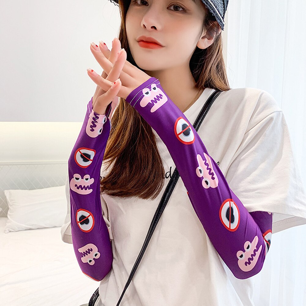 Dames arm mouwen ijs zijde koud fruit bloemen print zonnehandschoenen halve vinger auto armwarmers sport zonnebrandcrème mouw: M