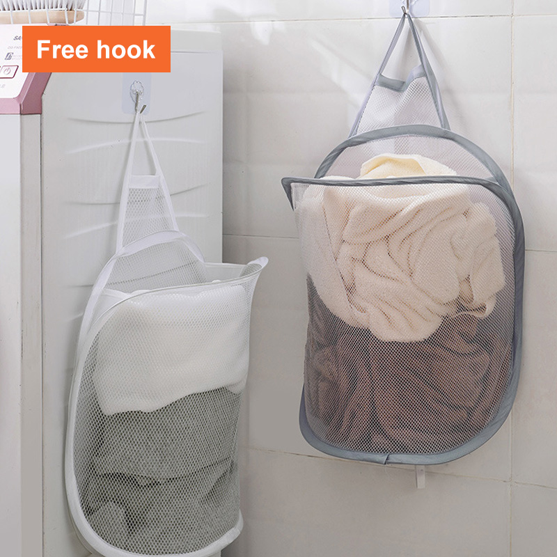 Folding Net Dirty Clothes Hamper Bathroom Self Adhesive Storage Basket Fine Grained Laundry Bag With Drawstring Laundry Storage