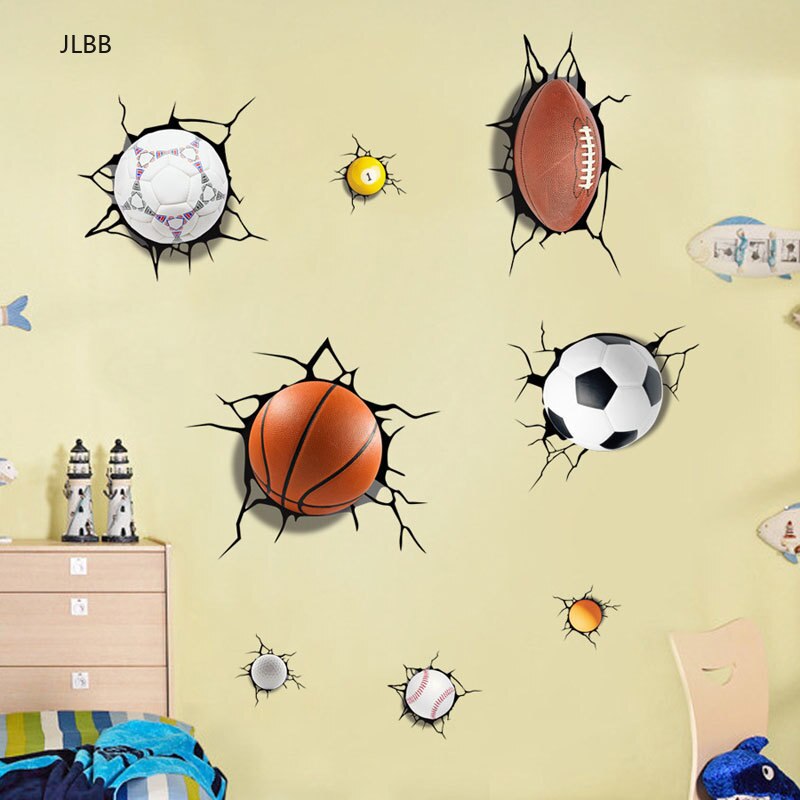 3D A lot of balls Broken wall sticker Football basketball home decals window stickers boys room living room sports decor mural