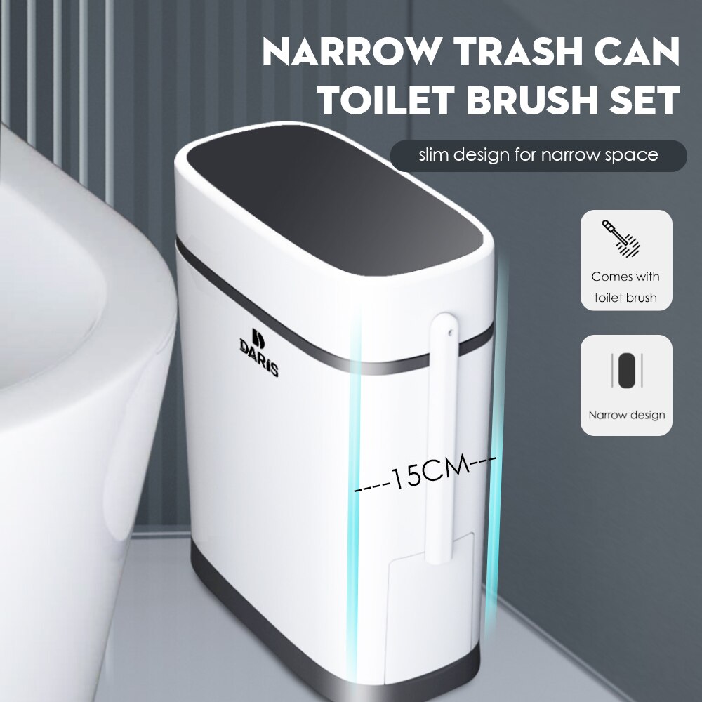 2 IN 1 Slim Plastic Trash Can With Toilet Brush Holder Toilet Narrow Garbage Bin Press Style Bathroom Garbage Bin