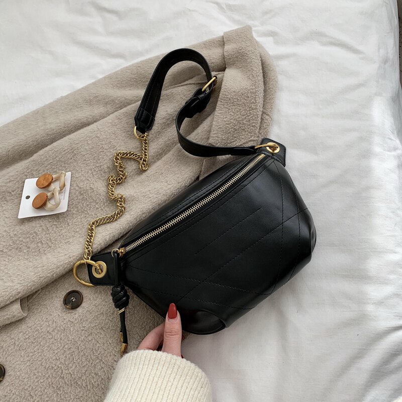 Solid Color PU Leather Crossbody Bags For Women Quality Chain Shoulder Messenger Bag Lady Travel Handbags Waist Packs: Black