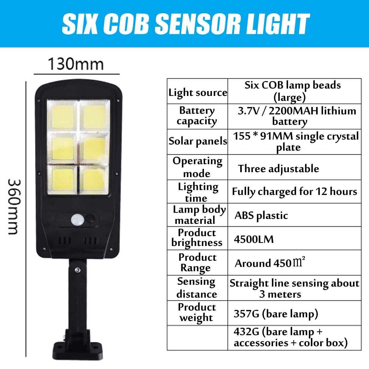 Solar led gadelys cob sensor væglampe infrarød bevægelsessensor 50/100/200/300w udendørs belysning havelampe led lys: D6