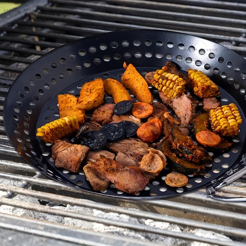 Grillkurv - rund perforert grillpanne med sammenleggbart håndtak for camping, piknik, grilling, sammenleggbar utendørs grilling og baking