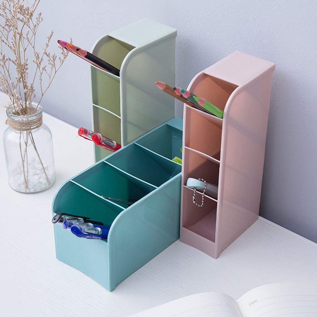 4 Grid Desktop Pen Holder Multi-function Office School Storage Case Clear Plastic Box Desk Pen Pencil Organizer E3