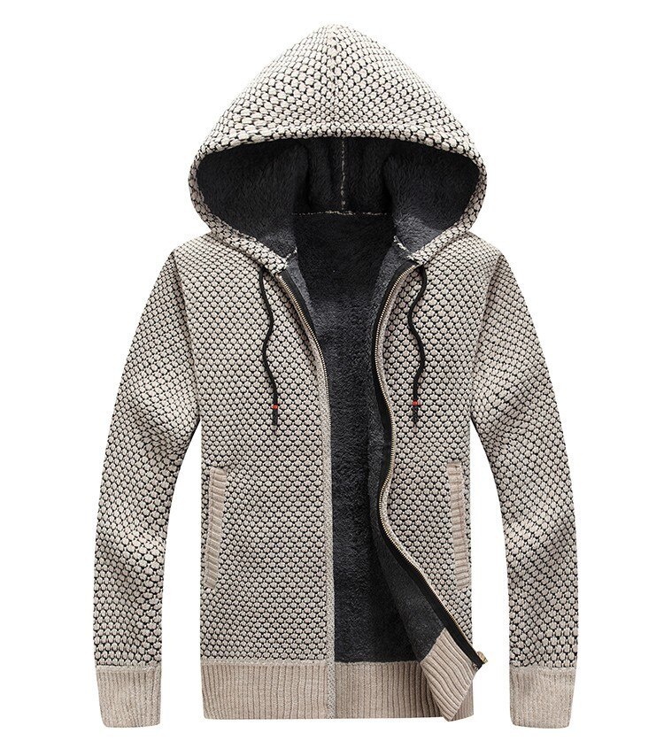 Herfst heren capuchon trui jas winter dikke truien jas heren effen kleur slim fit wollen bont trui bovenkleding 3xl: Beige / Xl