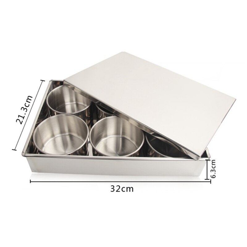 Stainless Steel Seasoning Spice Box Storage Round Container with Clamshell Cover Detachable for Kitchen 6 Grid