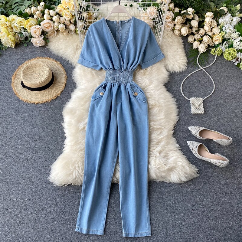 Combinaison Jean bleu uni pour femme, col en v, manches chauve-souris, taille élastique, tunique Jean, salopette décontracté: S
