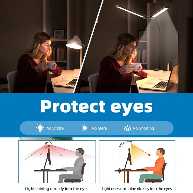 Lampada da tavolo a Clip supporto per luce Monitor a Led USB 3 modalità colore e 10 luci di lettura dimmerabili per studio lampada da scrivania a doppia testa per ufficio