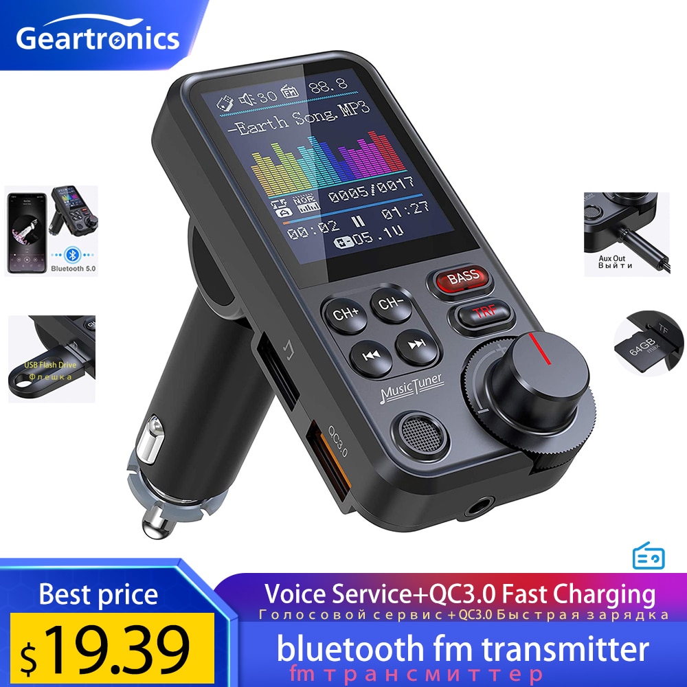 1.8&quot;Wireless Car Bluetooth FM Transmitter Aux Supports QC3.0 Charging Treble and Bass Sound Music Player