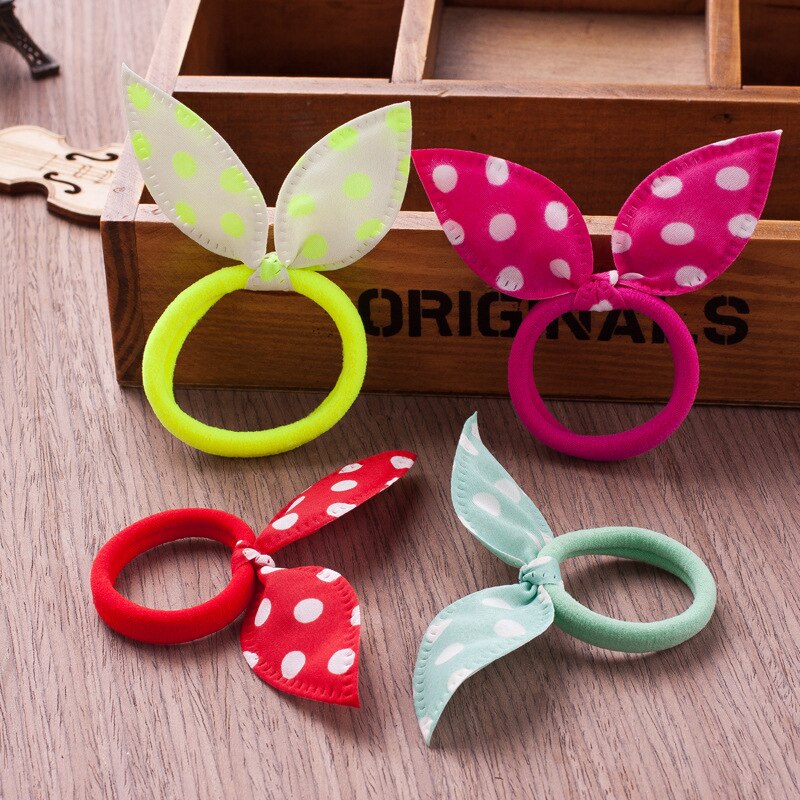 10PCS/Lot Gilrs Hair Rope Solid Satin Cloth Scrunchie Elastic Bow Kids Cute Rabbit Ear Ponytail Holder Accessories