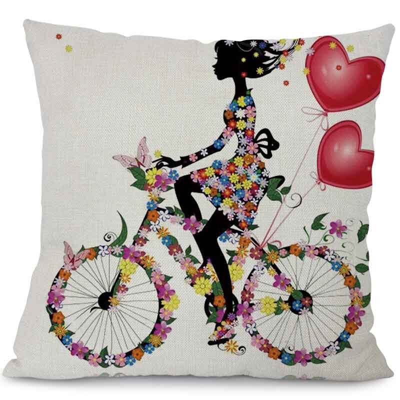 Square 18" Cotton Linen Decorative Cushions Flower Fairy Bike Butterfly Throw Pillows Sofa Home Decor No Inner