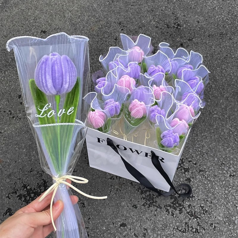 Ramo de flores de tulipán hecho a mano, palo trenzado, acabado de flores rosas tejidas, para parejas, decoración romántica para de boda, 1/3 Uds.