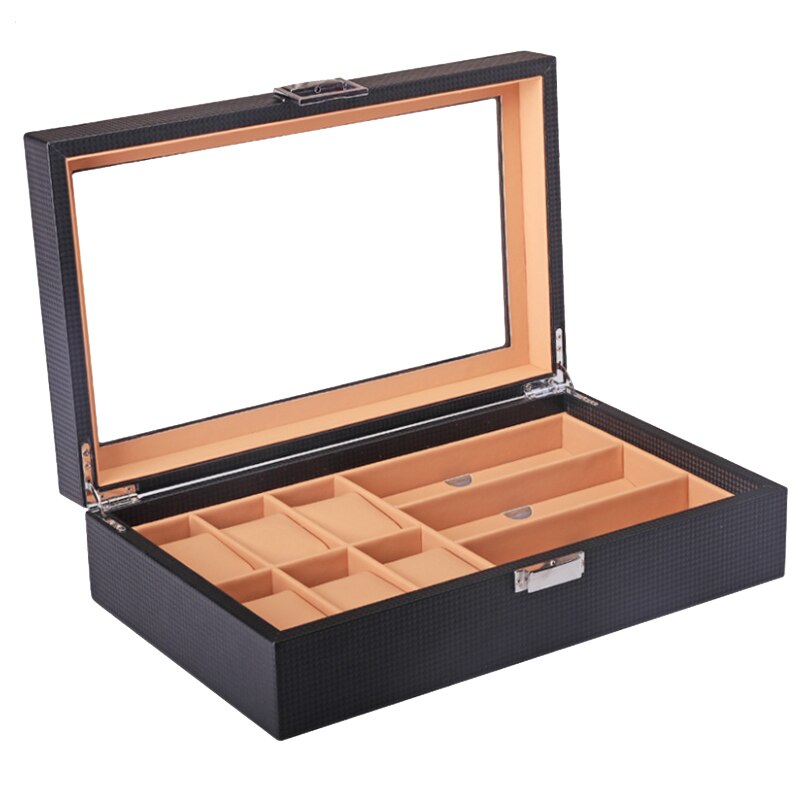 Caja de madera para reloj de lujo con 6 + 3 rejillas, caja para gafas, caja organizadora para joyería, caja de joyería para ver la caja: carbon fiber brown