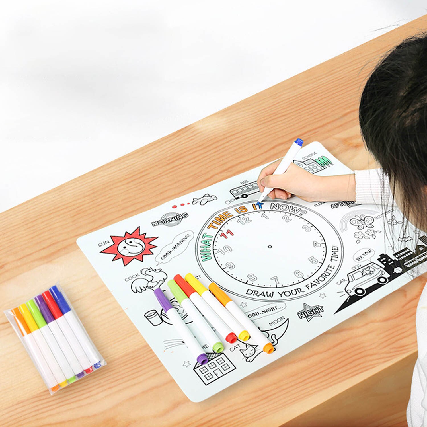 1 PCS Herbruikbare antislip Kleuren Schilderen Educatief Placemats 6 PCS Wasbare Markers voor Kinderen Peuters Verjaardag Christmas