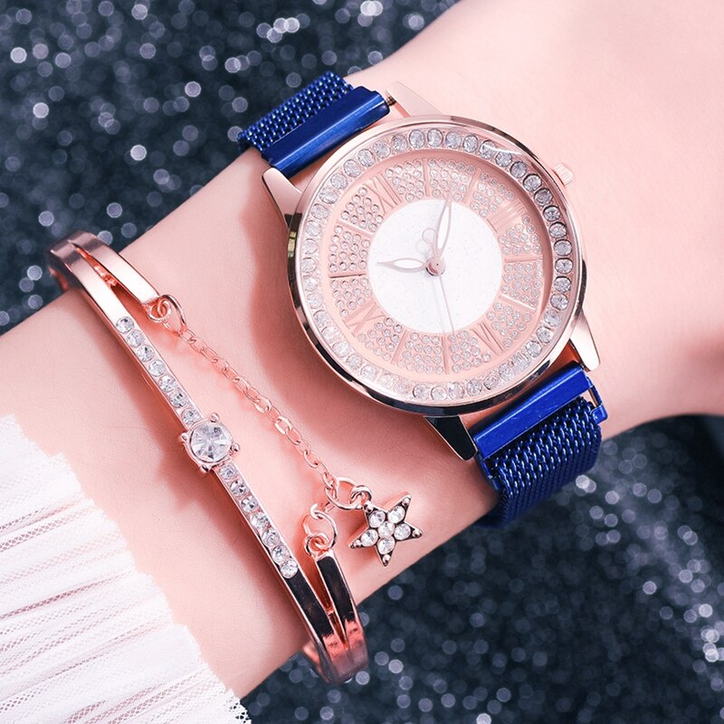 Dames leren sporthorloges quartzhorloges dames polshorloge dameshorloge met strass en armband: Magneet blauwe set