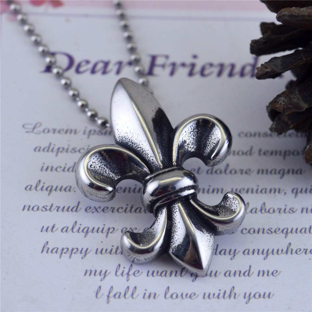 Stainless Steel Retro Scout Flower Fleur De Lis Pendant Necklace Jewelry Valentina's