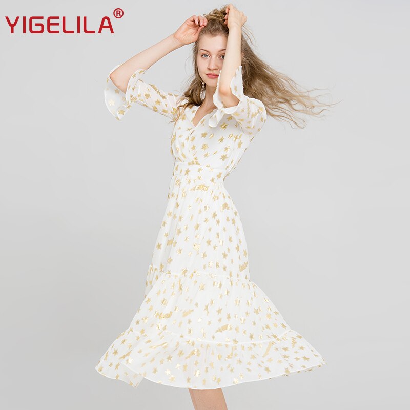 YIGELILA Latest Women White Embroidery Dress V-neck Flare Sleeve Empire Slim Mid Length A-line Dress 63055