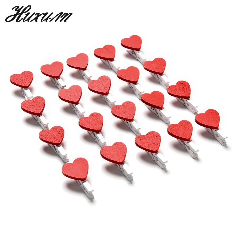 20/50Pcs Mini Loving Red Heart Shape Wood Clips Handicrafts Photos Papers Clothes Pegs Home Bachelorette Party Decorations