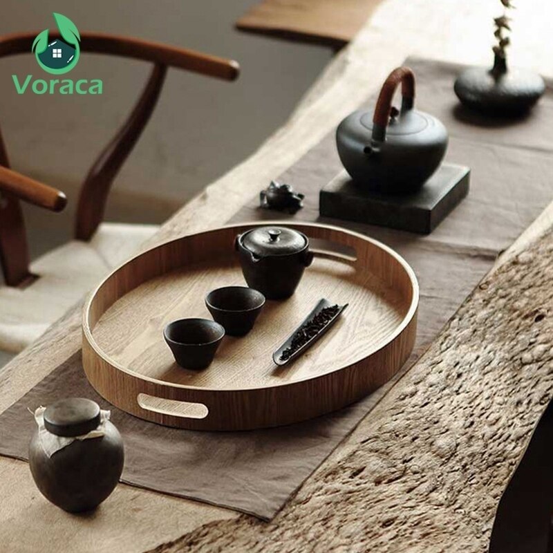Huishoudelijke ronde houten serveerschaal, massief houten voedselschaal, bord, hapjesschaal, beker, schaal, fruitschaal, diner, taart, dessertschalen, thee
