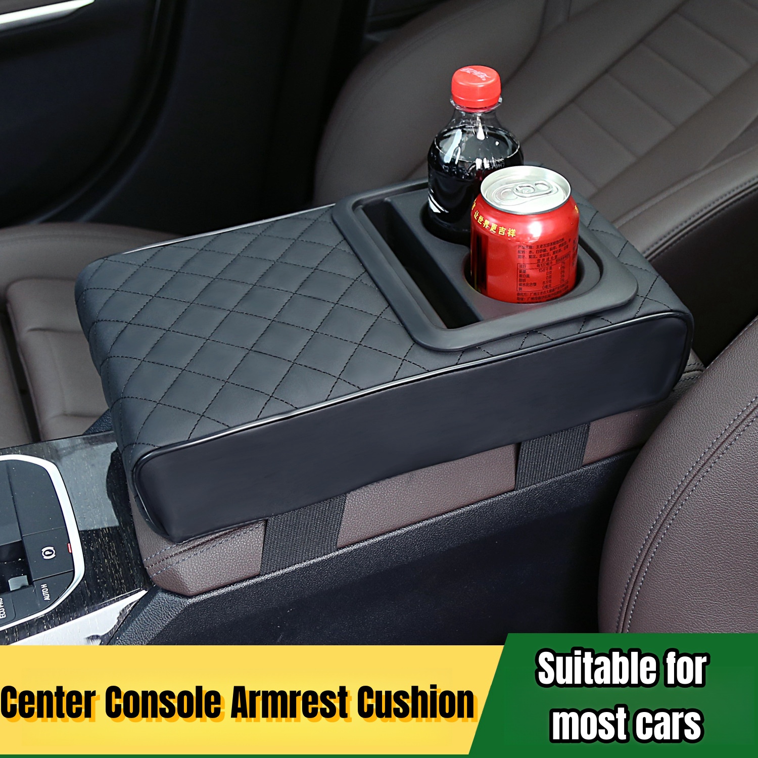 Auto Middenconsole Armsteun Kussen Met 2 Bekerhouder Pu Lederen Armsteun Pad Telefoonhouder Opbergtas Voor De Meeste Auto