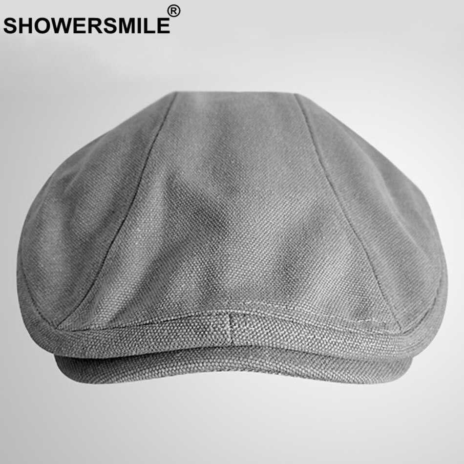 SHOWERSMILE Men Beret Hat 100% Cotton Grey Flat Caps Male Spring Solid Vintage Directors Driving Hat British Gatsby Style Hats