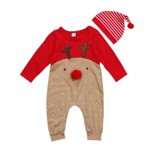 2 stks! Pasgeboren Baby Jongens Meisjes Katoen Kerst Lange Mouw Romper Jumpsuit Kleding Outfit Set + Hoed: 6m