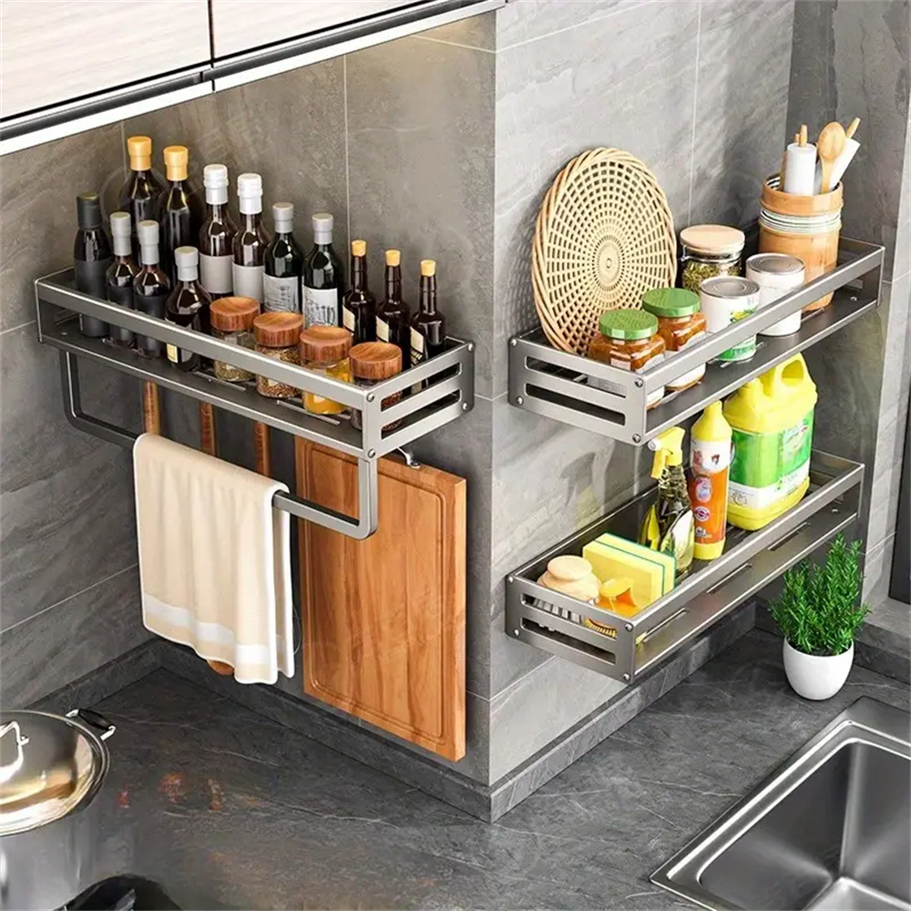 Estante de aluminio para especias montado en la pared, estante multifuncional para artículos, ganchos para herramientas de cocina, estante de almacenamiento de condimentos, 1/2 Uds.