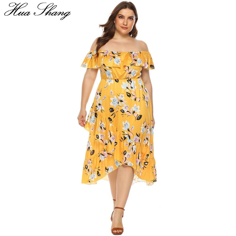 Off Shoulder Dress Plus Size Women Summer Ruffles Slash Neck Short Sleeve Floral Print Boho Beach Dresses Tunic Irregular Dress
