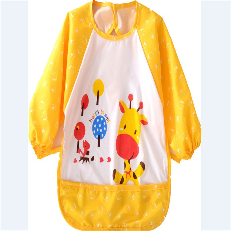 0-3Y Toddler Silicone Bibs Feeding Baby Crumb Catcher Wipeable Waterproof Pocket Long Sleeve Bib Cartoon Paint Play Apron: Yellow Giraffe