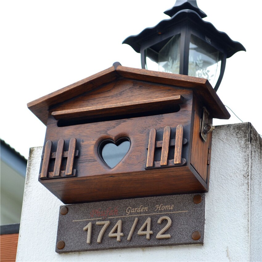 Wooden Mailbox House Shaped Household Outdoor Mailbox Greeting Post Card Letter Boxes, Garden Suggestion Box Decoration
