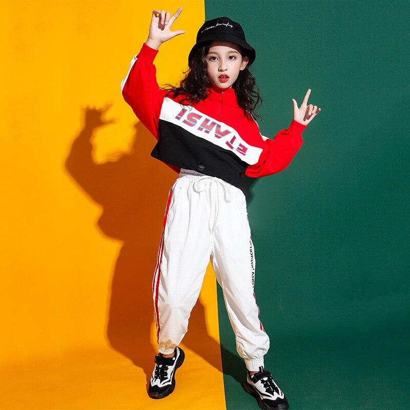 Meisjes Hip Hop Dance Kostuums rode Jas Witte Broek Straat Podium Kleding Kind Dans Jazz Outfits Prestaties Slijtage Koreaanse