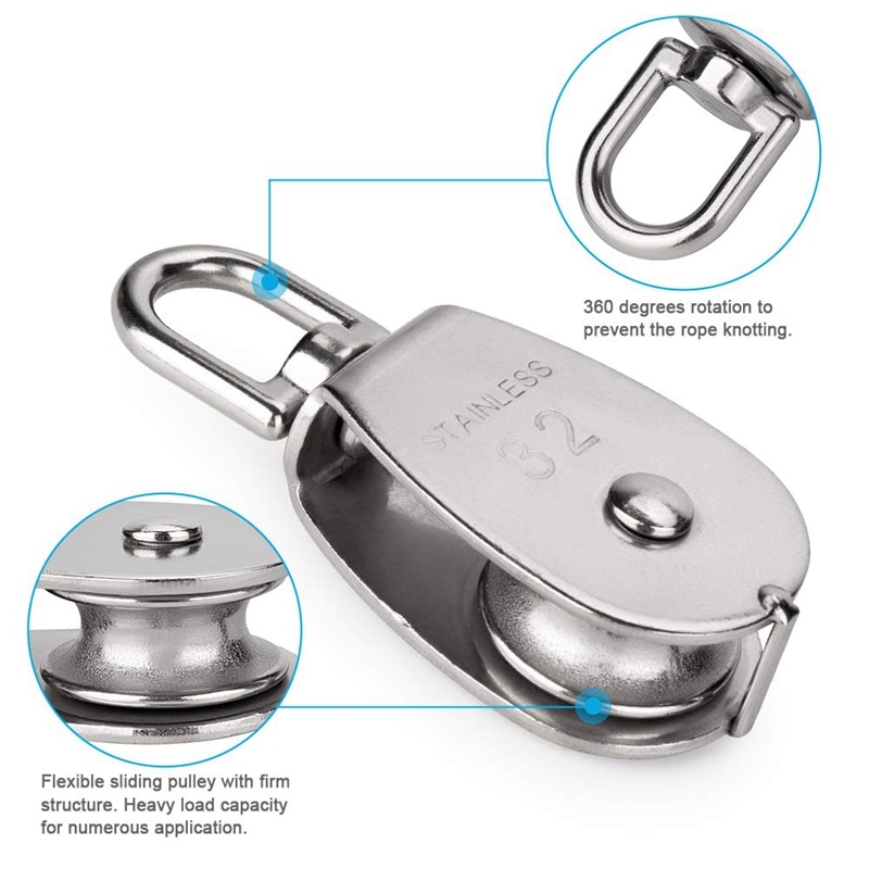 6 Pack M32 Lifting Enkele Katrol Roller Laden 551Ibs, 304 Rvs Heavy Duty Single Wheel Swivel Lifting Touw Katrol B