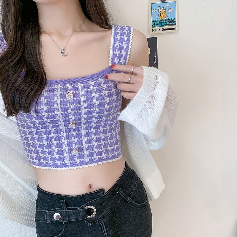 Oudea – débardeur à bretelles en pied-de-poule pour femme, haut court décontracté avec boutons en perles, Vintage, boîte Picto Edge, été: style 1 purple