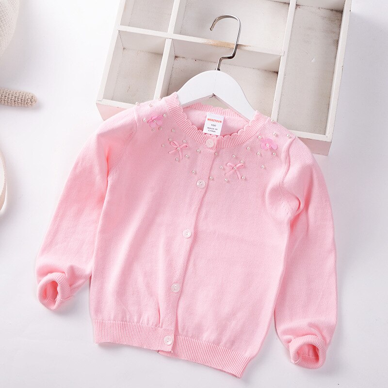 Children Knitted Cardigan Girls Sweater 2022 Spring Summer O-Neck Baby Sweaters Kids Clothes Toddler Coat 2-7y Pearls: Pink / 3T