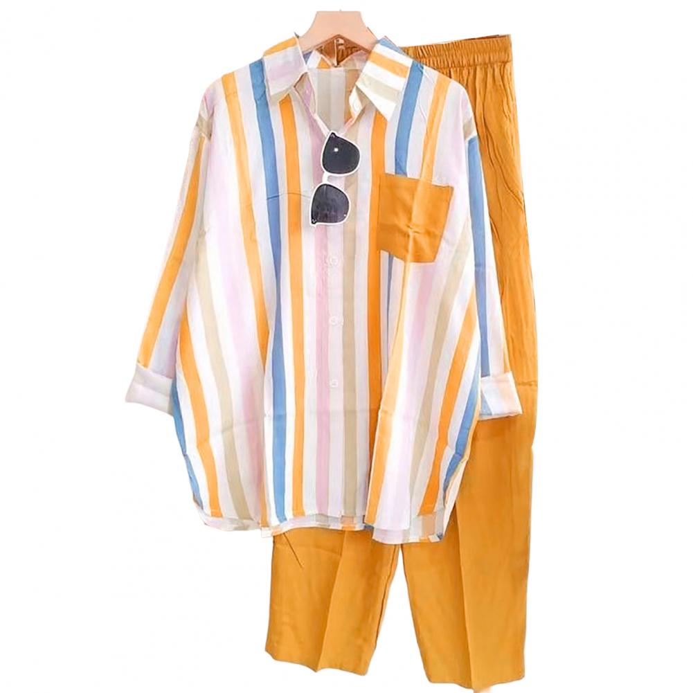 2Pcs/Set Women Outfit Shirt Pants Set Casual Elastic Waist Breathable Stripes Blouse Pants Suits Spring Summer Women Set: 5XL / Yellow