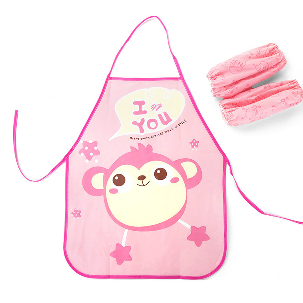 1set Child waterproof Apron Cartoon Apron for kids painting apron Oilproof Sleeveless kitchen Cleaning Tools set with Sleeveles: monkey