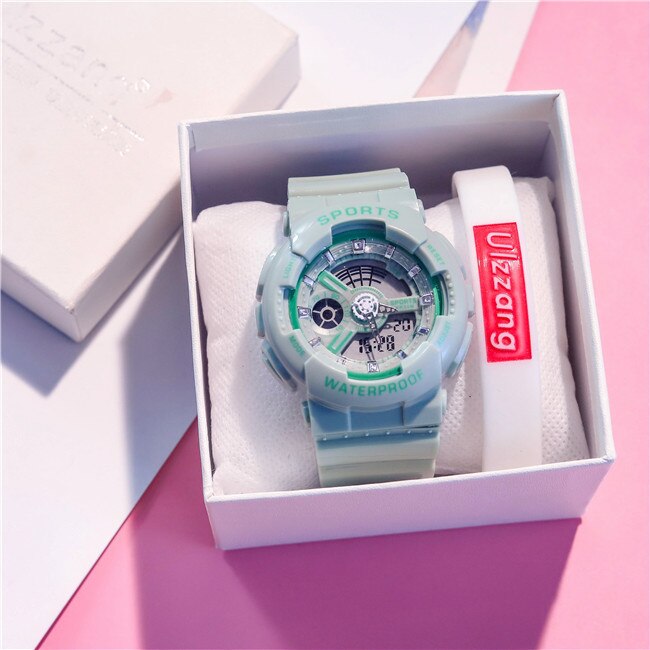 Montre numérique de l'amant de la étanche Sport montre-bracelet double temps or haut choc hommes femmes montre-bracelet Led horloge en caoutchouc: Green