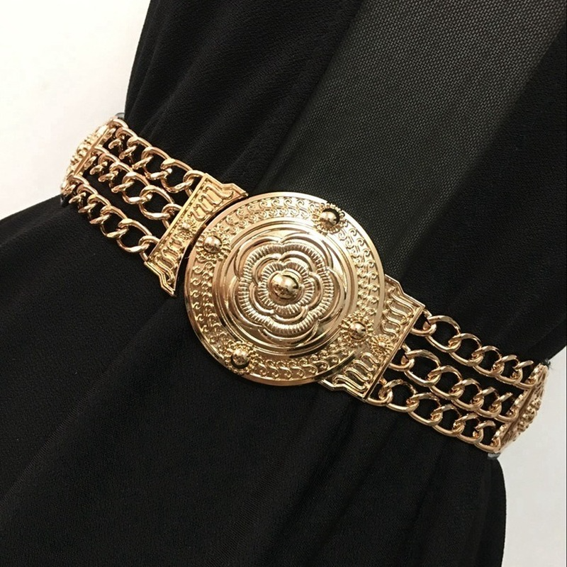 Women Flower Gold Belts Ladies Floral Elastic Metal Women Waist Belt For Dress Female Golden Chain Belt