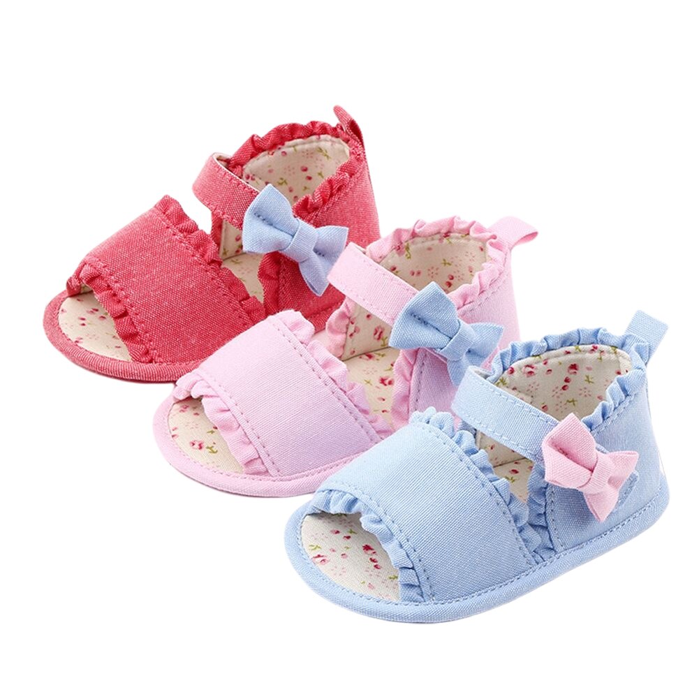 Baby Girls Ruffe Bowknot Crib Shoes Cute Summer Bowknot Floral Sandals Soft Anti-Slip Sole Toddler First Walkers Prewalker 0-18M